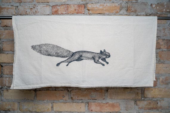 Tea Towel, Screen Printed Flour Sack Towel, leaping, bounding, squirrel, handmade, eco-friendly, kitchen towel, dish towel
