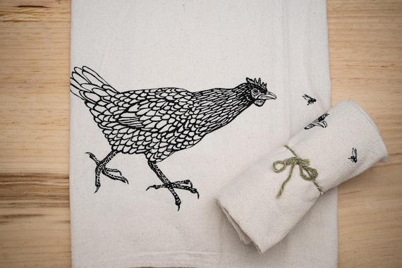 Tea Towel, Screen Printed Flour Sack Towel, Chicken chasing fly, handmade,kitchen towel, eco-friendly, dish towel