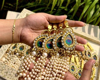 Cadena para la cintura Satka de pavo real chapada en oro – Cinturón para sari con borlas de perlas, joyería para bodas indias