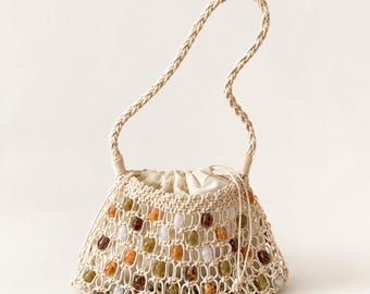Boho Beaded Woven Shoulder Bag, Drawstring Summer Purse