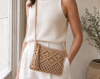Handmade Macrame Crossbody Bag, Small Woven Boho Purse with Tassel, 4 Colors