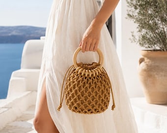 Handwoven Macrame Bucket Bag with Wooden Handle – Bohemian Summer Purse