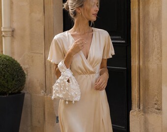 Ivory Pearl Satin Mini Bag, Handmade Beaded Wristlet