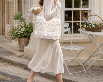 Cream Lace Tote Bag, Canvas Shoulder Purse with Lining and Interior Pockets