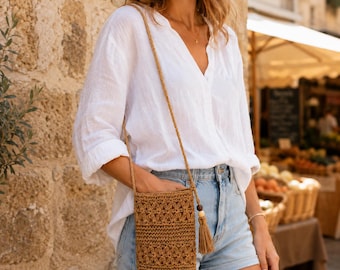 Small Straw Crochet Raffia Crossbody Bag, Ivory Woven Shoulder Purse, Boho Beach Tassel Pouch