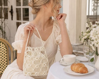 Ivory Faux Pearl Beaded Mini Bag, Openwork Shoulder Bag with Fabric Pouch