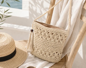Crochet Paper Straw Crossbody Bag Small Boho Summer Purse with Tassel Handwoven Zippered Beach Vacation Shoulder Pouch in Natural & Tan