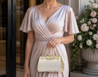 Ivory Gold Rhinestone Evening Bag, Faux Pearl Top Handle Clutch