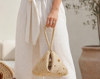 Small Convertible Beige Woven Handbag Plain Gold Stud or Natural Shell