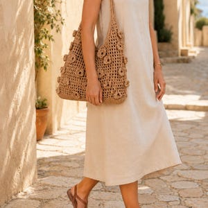 Crochet Flower Shoulder Bag, Handmade Cotton Tote, Lined Summer Purse in Camel or Ivory