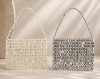 Beaded Mini Evening Bag, Pearl or Silver Wedding Guest Purse