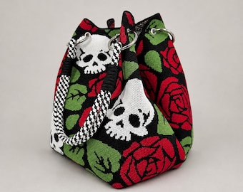 Skull Rose Knit Bucket Bag, Gothic Handbag with Braided Rope Handles Gothimas