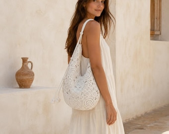 Crochet Shoulder Bag, Floral Lace Hobo Purse with Zipper, Cream or Camel Brown