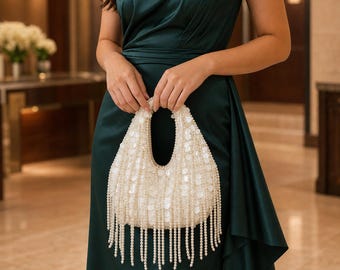 Ivory Sequin Handbag, Faux Pearl Fringe Bridal Purse