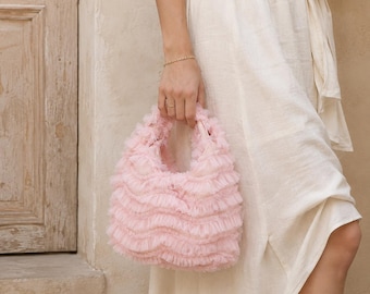 Handmade Ruffle Handbag, Soft Linen Blend Top Handle Bag, Blush Pink or Ivory