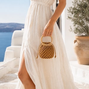 Mini Crochet Bucket Bag, Wooden Ring Handle Purse, Small Drawstring Summer Handbag