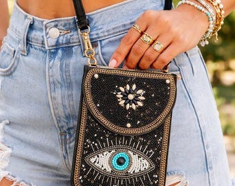 Etui na telefon z koralikami i motywem złego oka, torebka na ramię w stylu boho z kryształkami, festiwalowa torebka typu crossbody