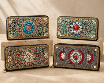 Beaded Wallet for Women, Colorful Boho Zip Around Wallet, Mandala Long Purse Gift
