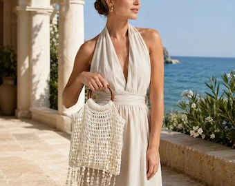 Ivory Cotton Crochet Handbag with Shell Fringe and Wooden Ring Handles