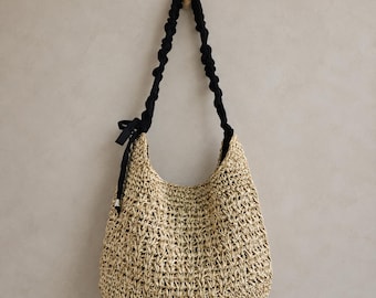 Woven Hobo Shoulder Bag, Black Ruched Strap, Coffee Brown or Beige