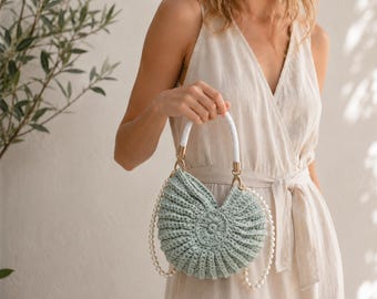 Crochet Seashell Bag with Pearl Strap, Handmade Summer Crossbody Purse
