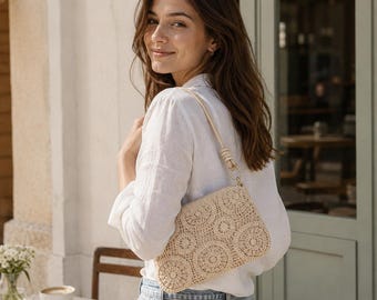 Boho Woven Shoulder Bag: Lace-Inspired Fabric, Zipper Closure, Ivory or Camel