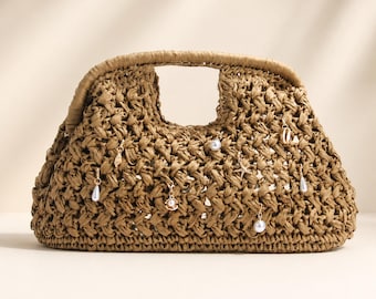 Woven Summer Handbag, Gold Seashell Charms  Top Handle 2 Colors
