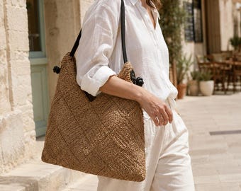 Large Woven Raffia Shoulder Bag with Knotted Strap