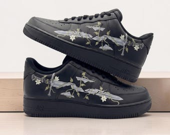 Custom Floral and Sword AF1 Sneakers, Hand Painted Floral Vine Black Shoes, Broken Sword Custom Sneakers, Personalized Gift for Him Her.