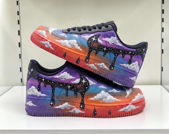 Custom Clouds and Black Drip Glisten AF1 Sneakers, Hand Painted Space Sneakers, Purple Orange Sunset AF1  Shoes, Gift for Him Her.