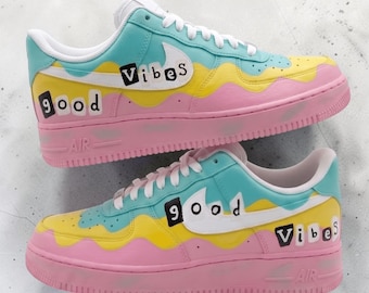 Custom Good Vibes AF1 Sneakers, Hand-Painted Pink, Yellow and Teal Shoes, Cartoon Colorful Sneakers, Unique Gift Idea.