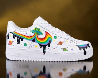 Custom Alien White AF1 Sneakers, Hand Painted UFO Rainbow Shoes, Rainbow Drip AF1 Sneakers, Unique Gift for Space Lovers.