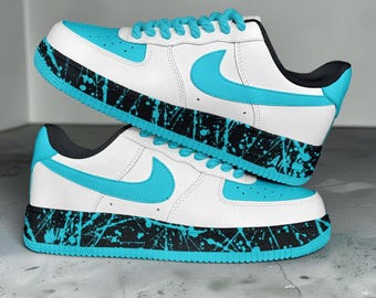Custom Turquoise Splatter AF1 Sneakers, Hand Painted Teal and White Sneakers, Paint Splatter Sneakers, Unique Gift for Men and Women.