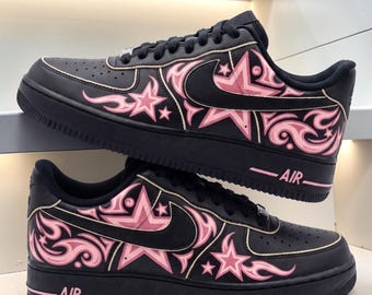 Custom Pink Star AF1 Sneakers, Hand Painted Pink and Black Shoes, Swirl and Stars Sneakers, Unique Gift for Her Him.