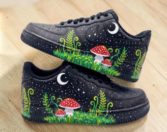 Custom Mushroom Black AF1 Sneakers, Hand Painted Moonlit Forest Sneakers, Celestial Moon and Stars Shoes, Unique Gift for Him Her.