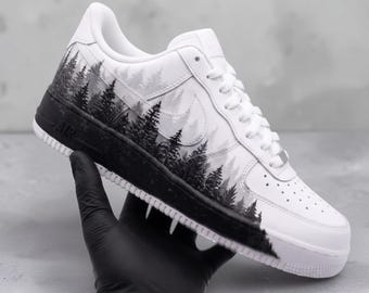 Custom Black and White Pine Tree AF1 Sneakers, Hand Painted Forest Landscape Shoes, Winter Style AF1  Shoes, Black and White Sneakers