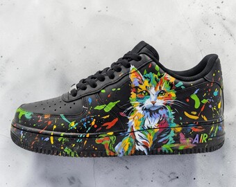 Custom Colorful Cat AF1 Sneakers, Hand Painted Cat Splatter Black Sneakers, Rainbow Pet Portrait Footwear, Unique Gift for Cat Lover.
