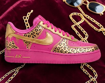 Custom Pink Leopard AF1, Hand Painted Gold Leopard Sneakers, Unique Leopard Shoes, Gift for Him Her.