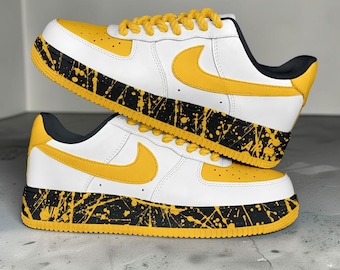 Custom Yellow Splatter AF1 Sneakers, Hand Painted Yellow and White Sneakers, Paint Splatter Sneakers, Unique Gift for Men and Women.