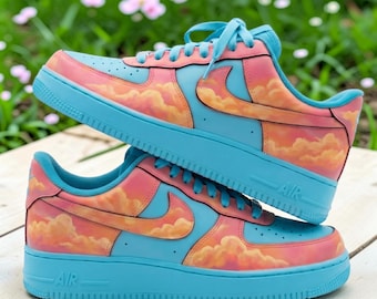 Custom Sunset Clouds AF1 Sneakers, Hand Painted Dreamy Pink and Blue Shoes, Pastel Sky AF1 Sneakers, Birthday Gift for Her Him.