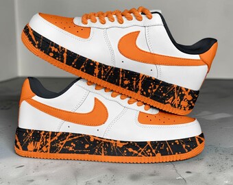 Custom Orange Splatter AF1 Sneakers, Hand Painted Orange and White Sneakers, Paint Splatter Sneakers, Unique Gift for Men and Women.