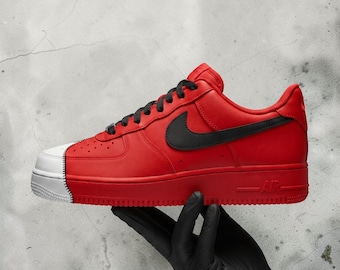 Custom Red Zipper AF1 Sneakers, Hand Painted Red with Zipper Sneakers, Streetwear Art Shoes, Personalized Red Black and White Sneakers.