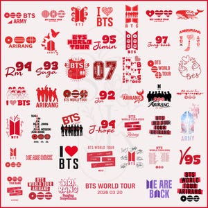 Puede incluir: Una colección de gráficos y logotipos de BTS en rojo y blanco. Incluye texto como "BTS WORLD TOUR", "ARMY" y nombres de miembros con números. El diseño presenta corazones, círculos y elementos de texto estilizados.
