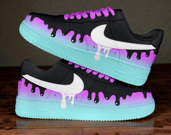 Custom Drip AF1 Sneakers, Hand Painted Purple Blue Gradient Streetwear Art
