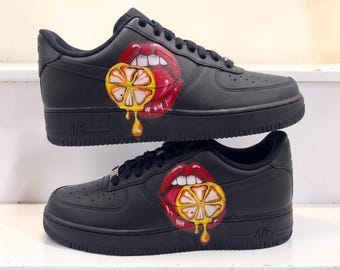 Custom Lips and Lemon AF1 Sneakers, Hand‑Painted Black Shoes, Edgy Streetwear Sneakers, Unique Gift for Her Him.