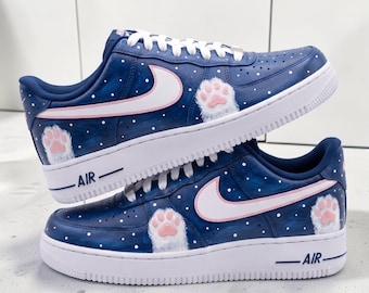 Custom Cat Paw AF1 Sneakers, Hand Painted Cute Kitty Shoes, Blue and White Sneakers, Pink Paw Print Shoes, Gift for Cat Lover.