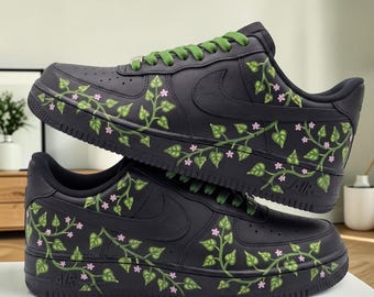 Custom Floral Vines AF1 Sneakers, Hand Painted Black and Green Shoes, Cottagecore Vines and Flowers Sneakers, Garden Lover Gift.