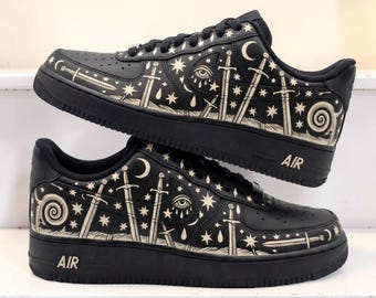 Custom Tarot Card AF1 Sneakers, Hand Painted Mystical Symbols Black Shoes, Celestial Moon and Sword Sneakers, Unique Gifts for Him Her.