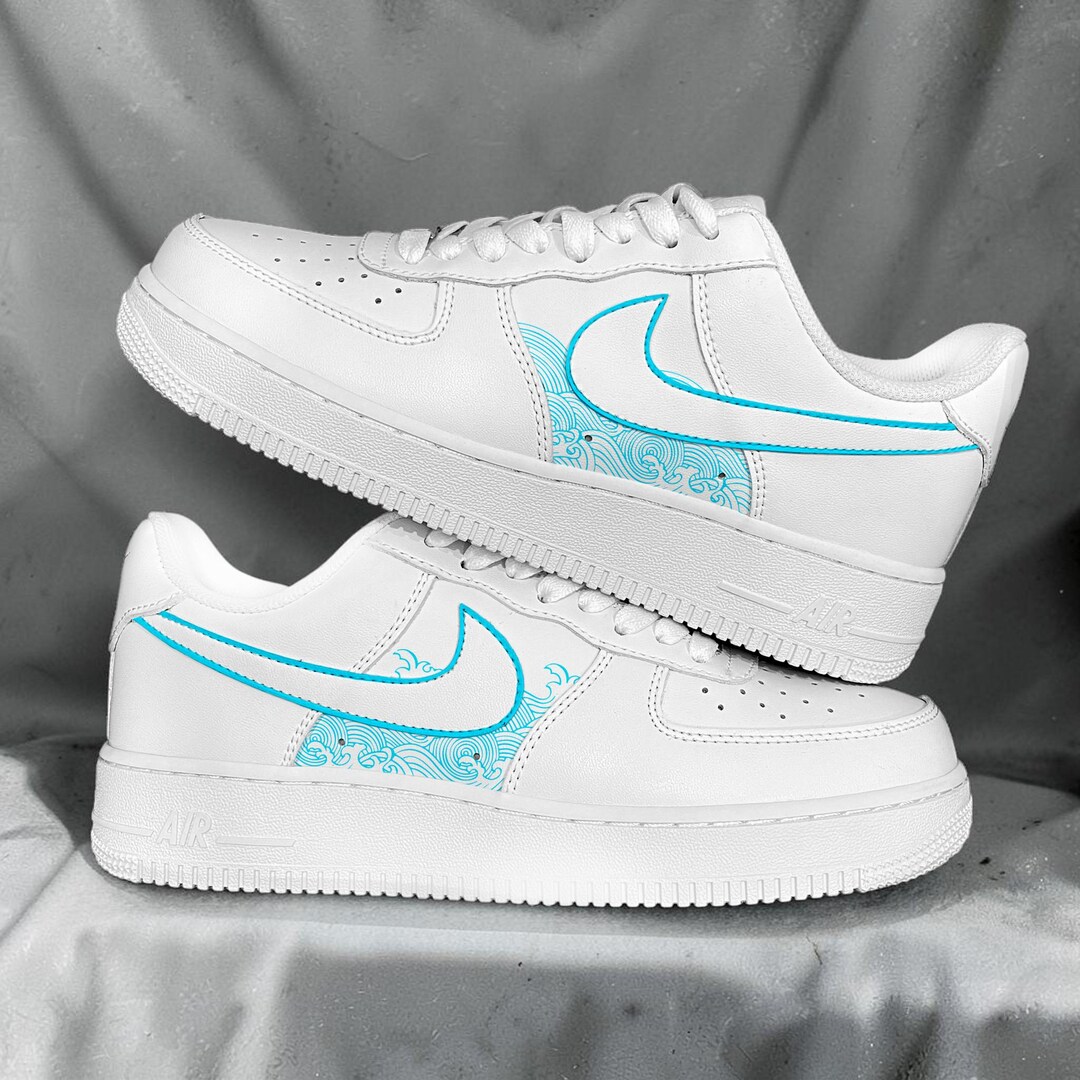 Custom Blue Wave AF1 Sneakers,hand Painted White and Blue Great Wave ...