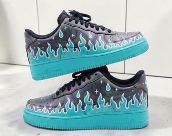 Custom Blue Galaxy Flame AF1 Sneakers, Hand Painted Turquoise Fire Shoes, Turquoise and Black Sneakers, Unique Gift for Him Her.